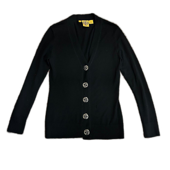 Tory Burch Black 100% Merino Wool V-Neck Long Sleeve Cardigan Sweater Size S - Picture 2 of 11
